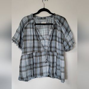 Pilcro l Anthroplogie Bette Babydoll Shirt Blue Plaid Small